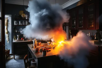 Kitchen Countertop Explosion With Smoke And Fire