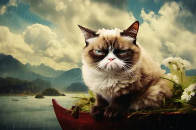 Grumpy Cat Sitting In A Small Boat