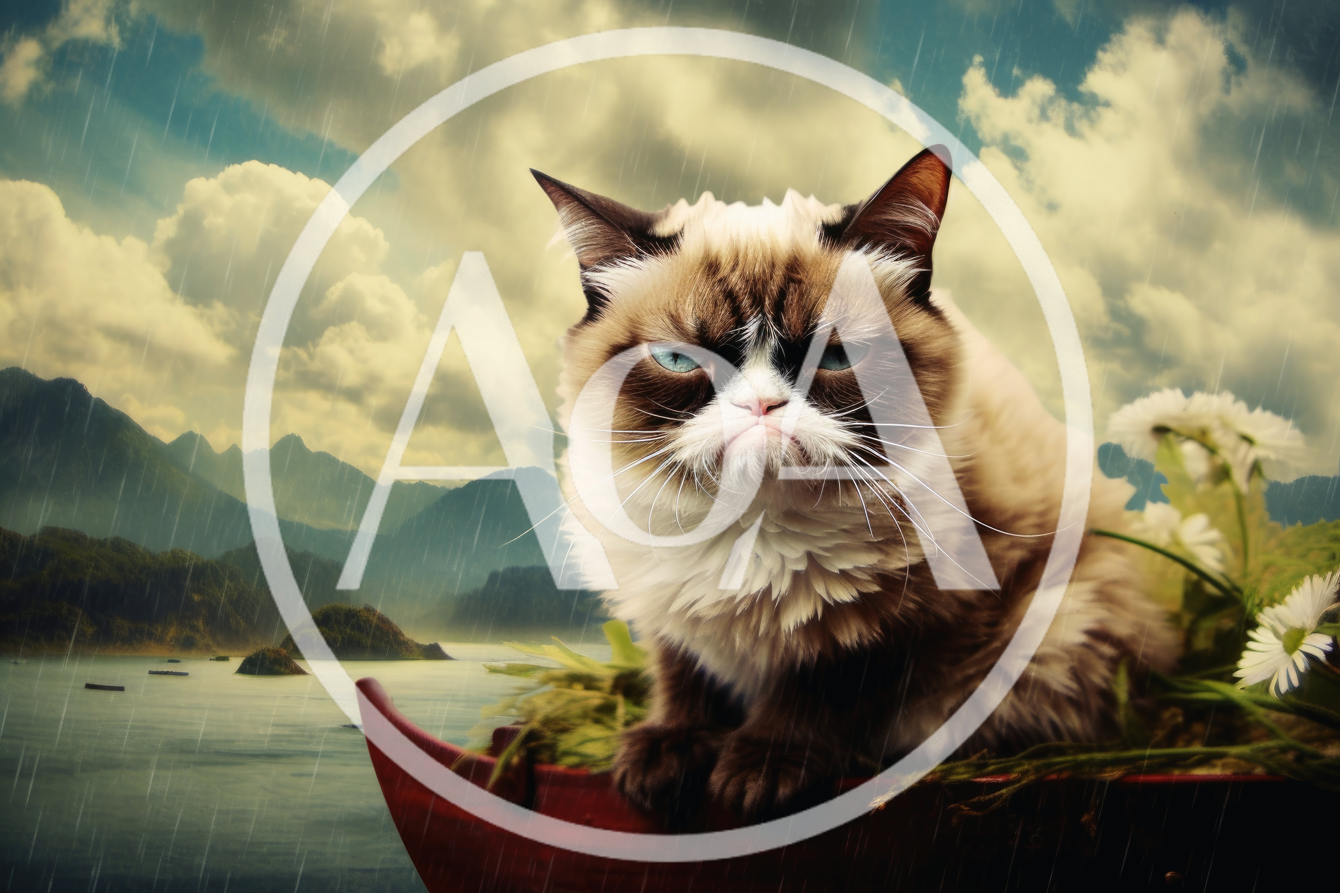 Grumpy Cat Sitting In A Small Boat