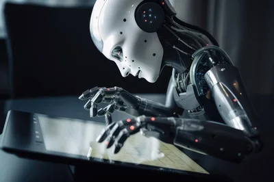 Futuristic Android Robot Interacting With Digital Touchscreen Interface