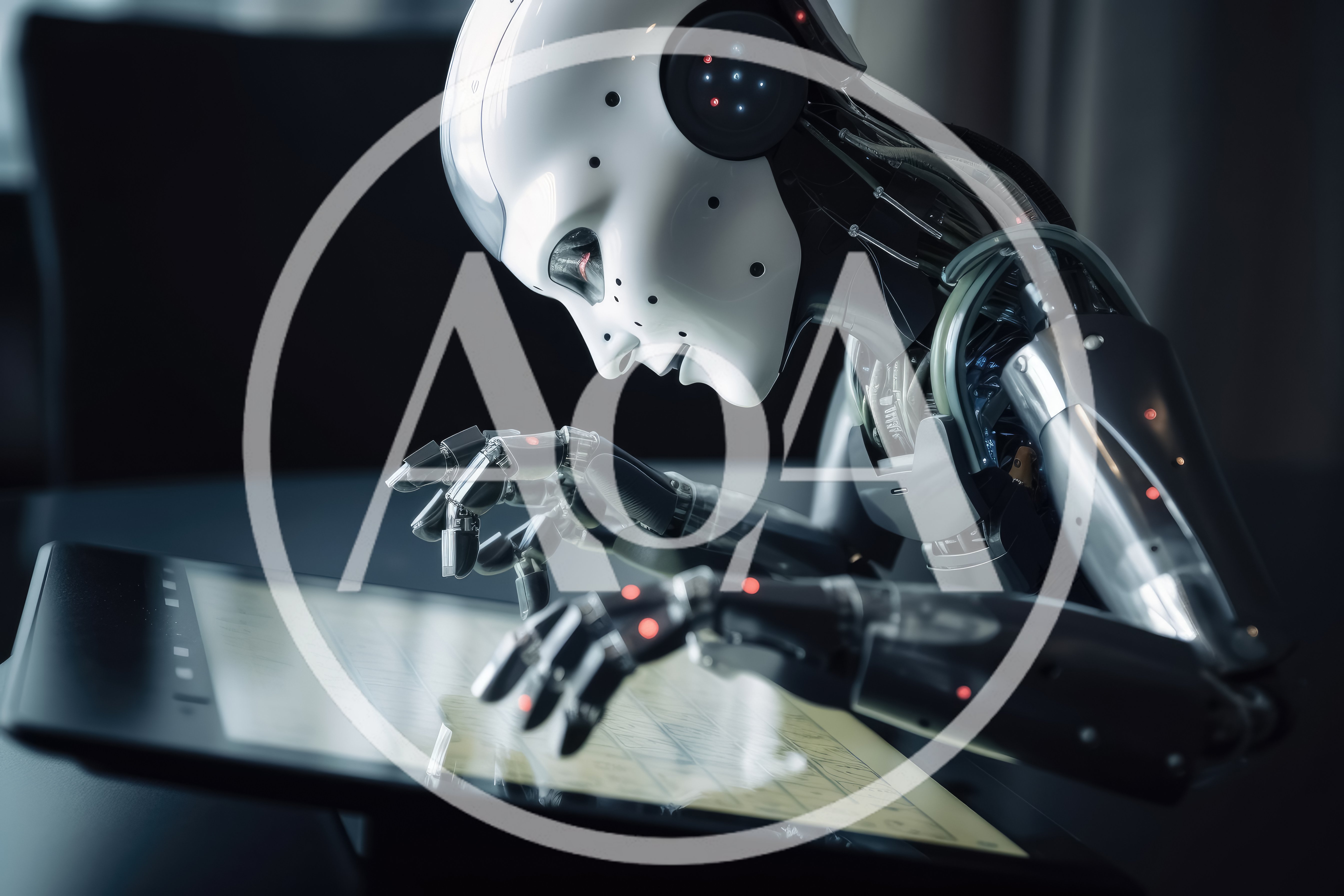 Futuristic Android Robot Interacting With Digital Touchscreen Interface
