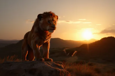 Young Lion Standing On A Rock At Sunset