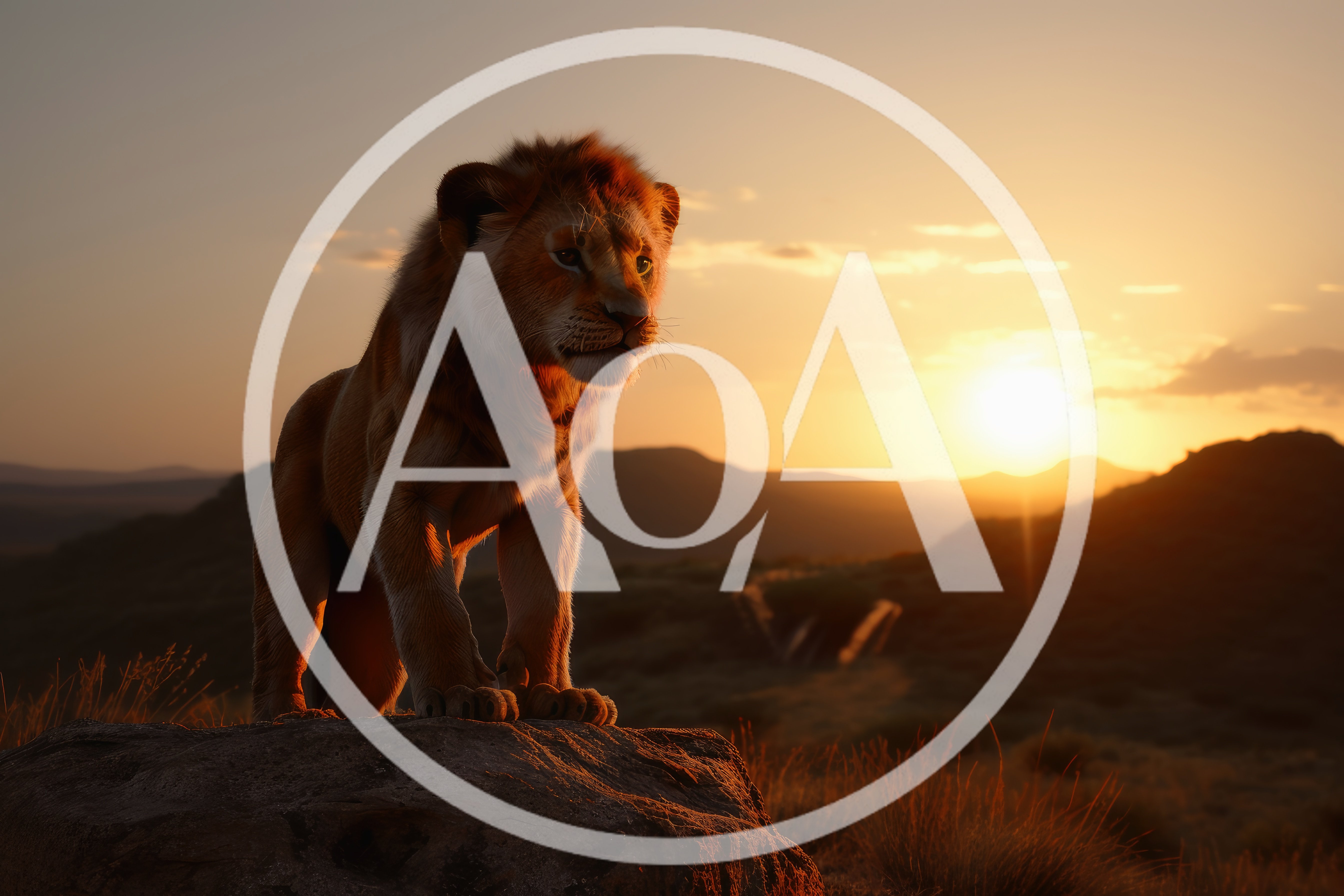 Young Lion Standing On A Rock At Sunset
