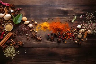 Assorted Spices and Herbs on Wooden Table