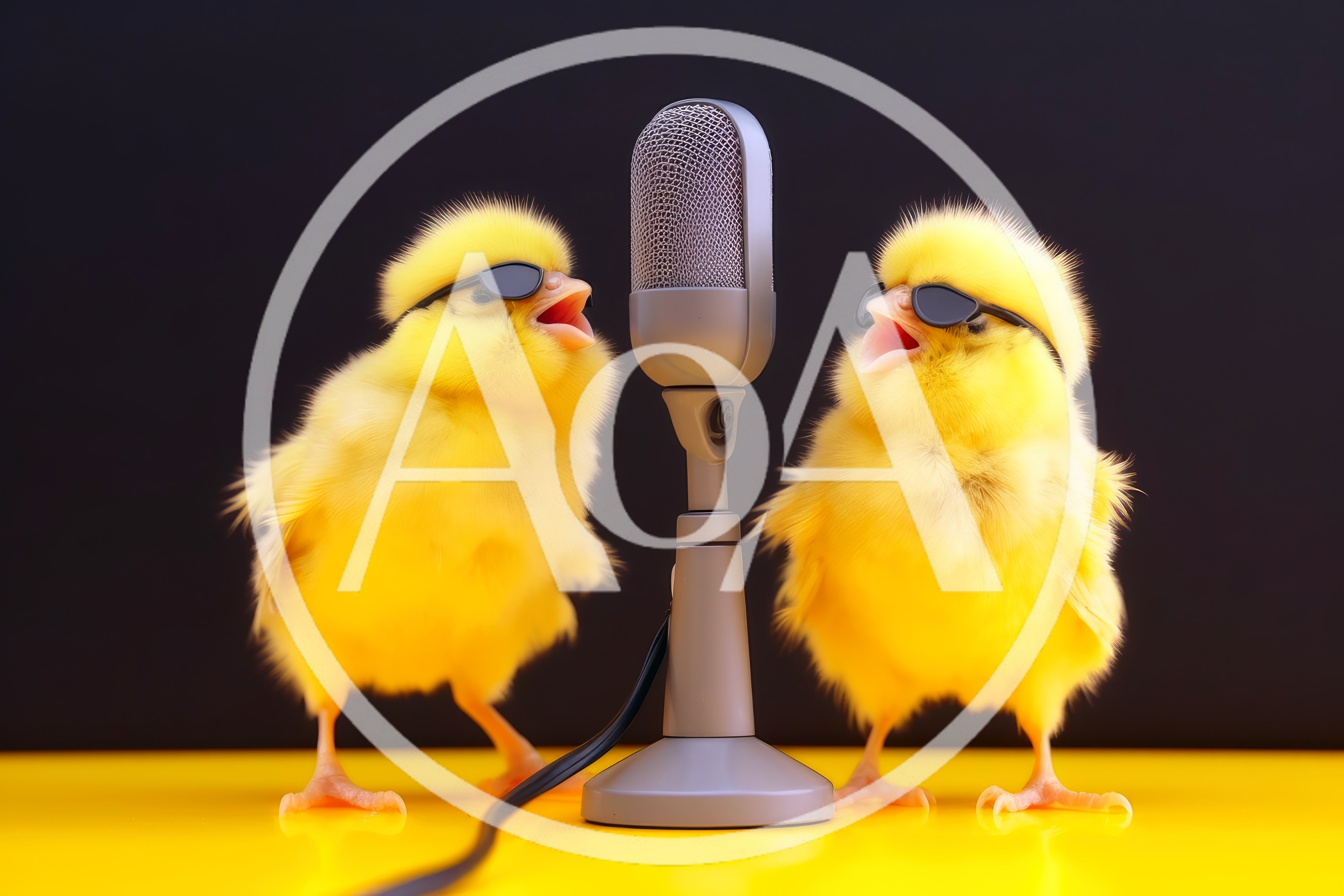 Two Cute Yellow Chicks Singing Into A Vintage Microphone