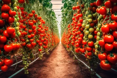Rows Of Ripe Tomatoes In A Greenhouse