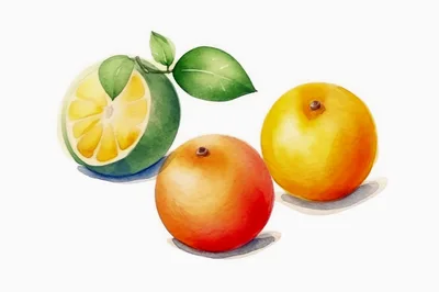 Watercolor Illustration Of Three Fresh Citrus Fruits