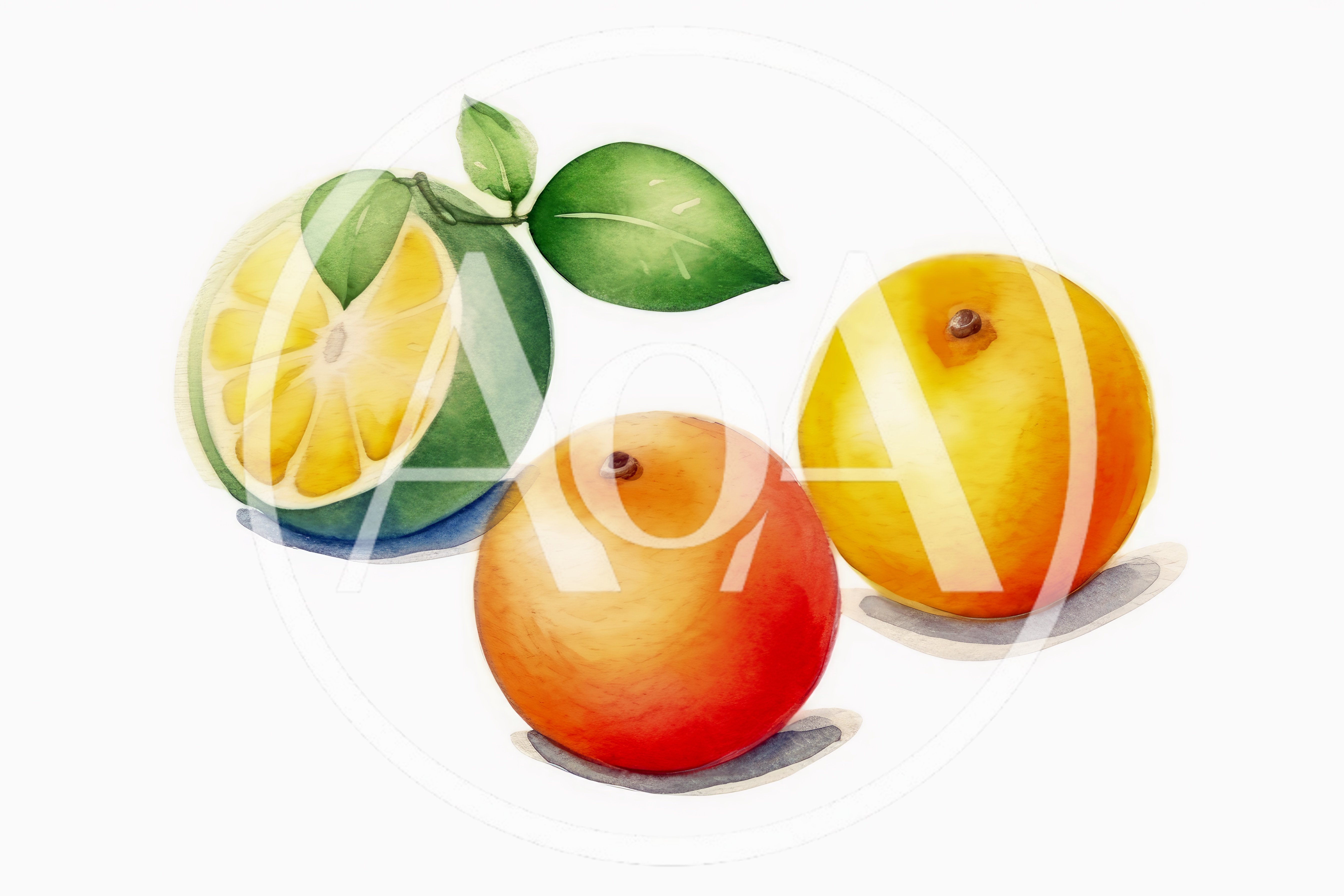 Watercolor Illustration Of Three Fresh Citrus Fruits