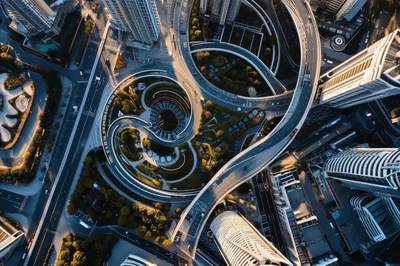 Aerial View of Modern Urban Interchange and Spiral Park