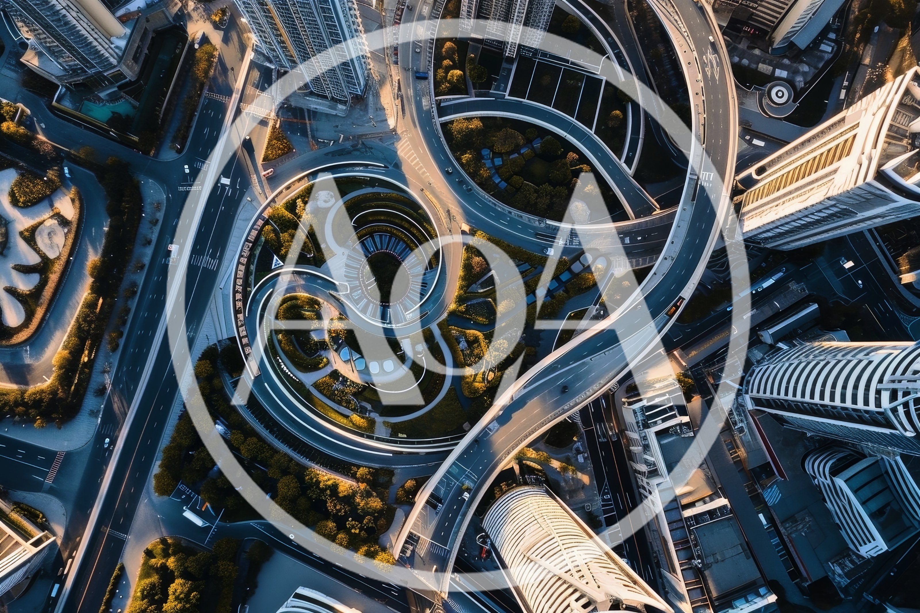 Aerial View of Modern Urban Interchange and Spiral Park