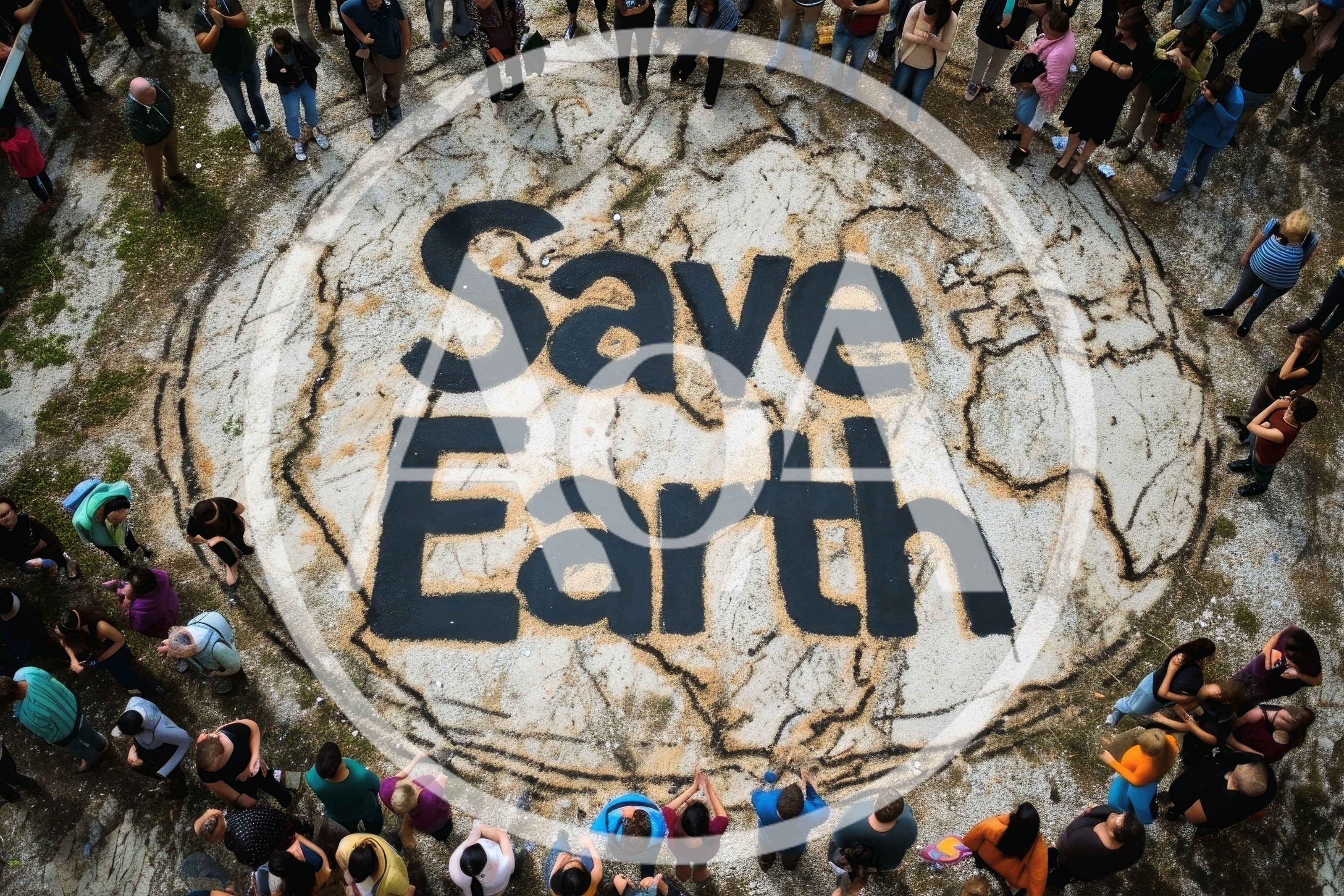 Group Of People Standing Around A Save Earth Mural