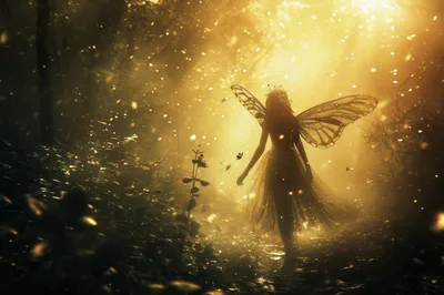 Ethereal Fairy Walking Through A Golden Enchanted Forest