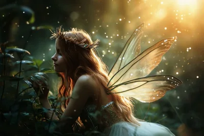 Ethereal Fairy With Glowing Wings In Enchanted Forest