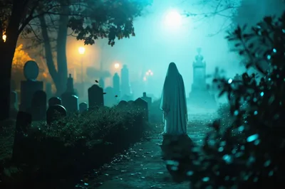 Ghostly Figure Standing in a Foggy Cemetery at Night