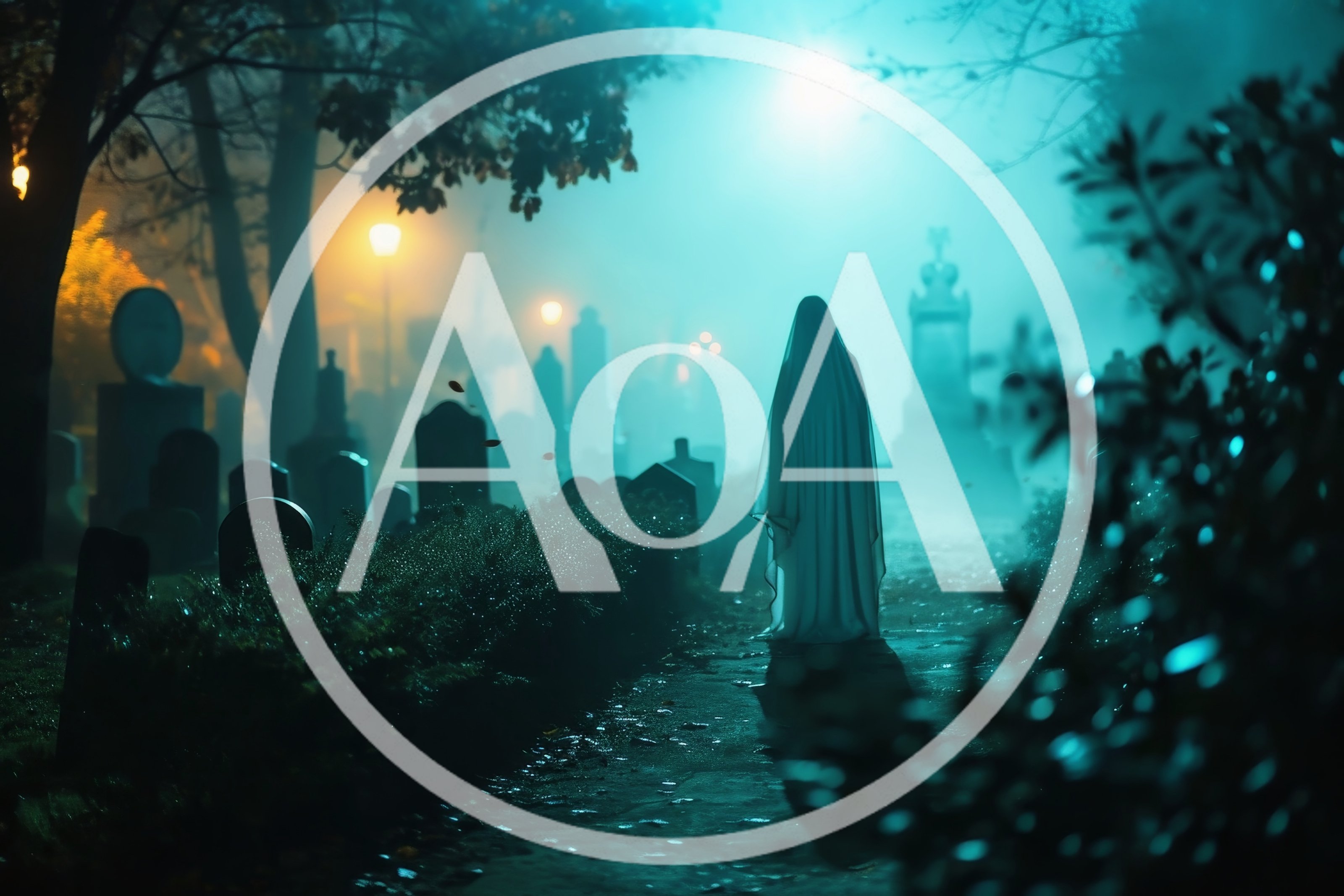 Ghostly Figure Standing in a Foggy Cemetery at Night