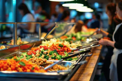 People Selecting Food at a Salad Bar Buffet