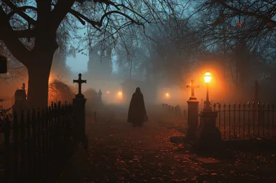 Mysterious Cloaked Figure Walking Through A Foggy Cemetery