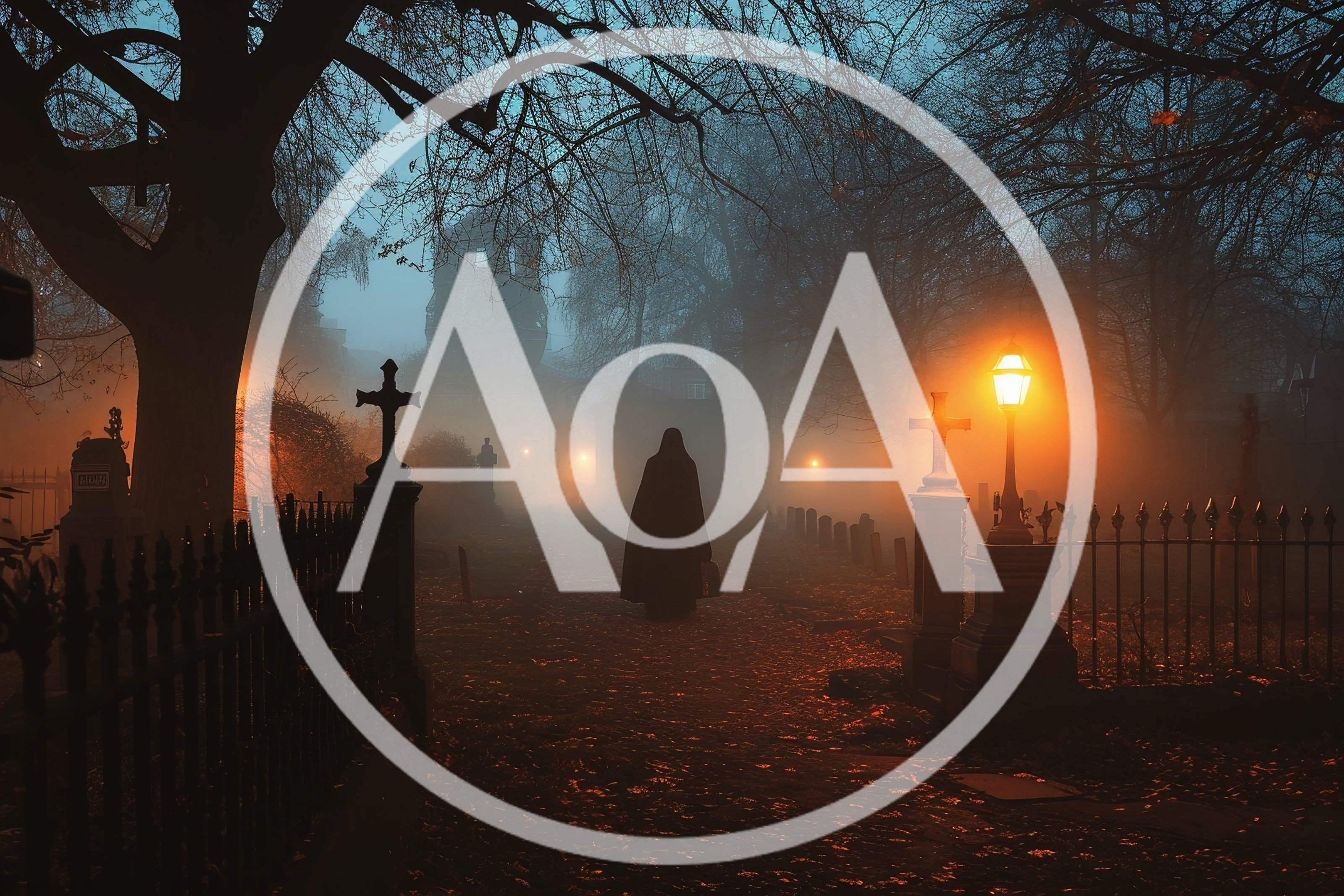 Mysterious Cloaked Figure Walking Through A Foggy Cemetery