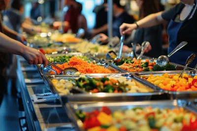 People Serving Themselves at a Salad Bar Buffet