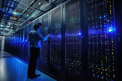 IT Technician Using VR Headset In Data Center