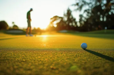 Golf Ball Resting On Putting Green At Sunset