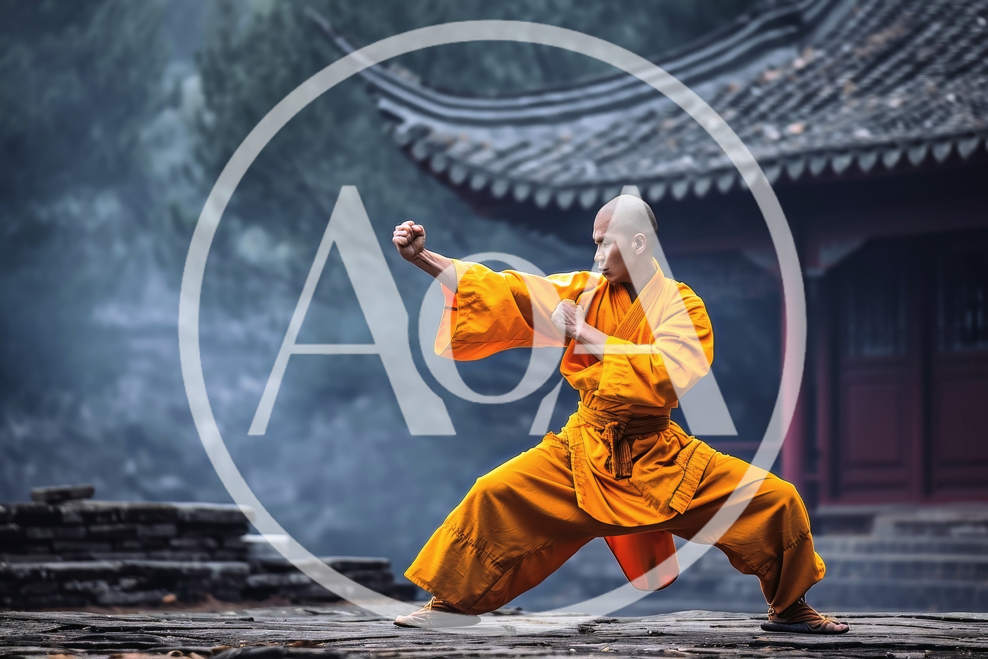 Shaolin Monk Performing Martial Arts In Traditional Temple Courtyard