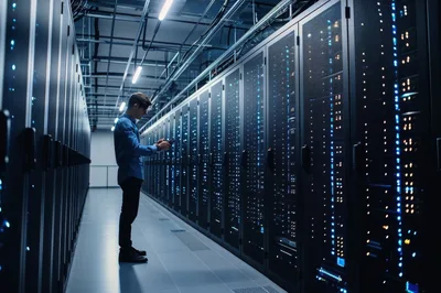 IT Technician Monitoring Server Racks in Data Center