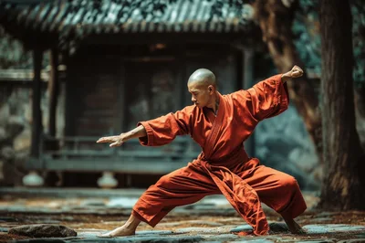 Shaolin Monk Performing Martial Arts Stance