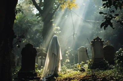 Ghostly Figure Standing in an Overgrown Cemetery