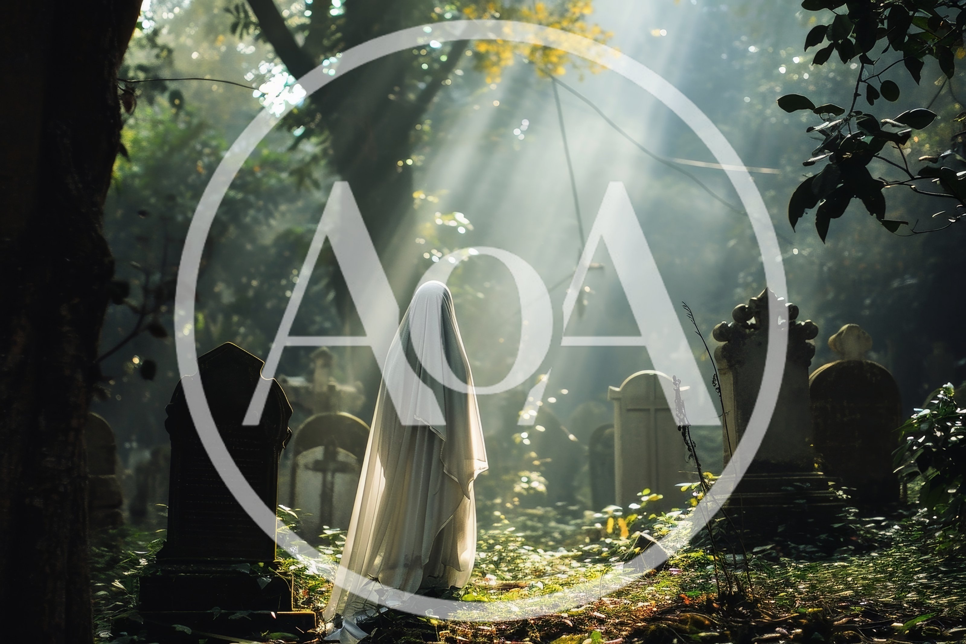 Ghostly Figure Standing in an Overgrown Cemetery