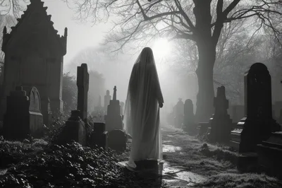 Ghostly Figure Walking Through A Misty Victorian Cemetery
