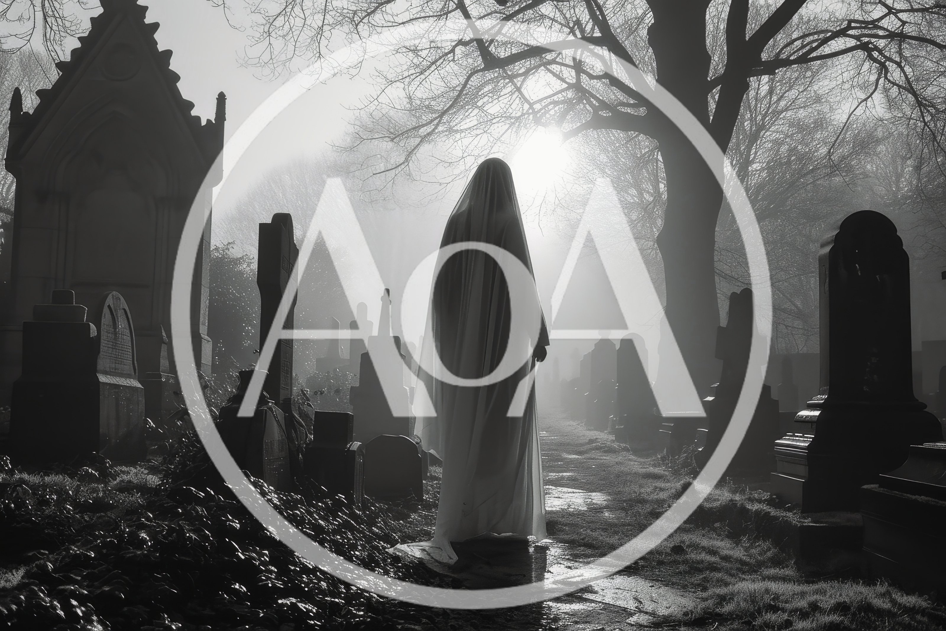 Ghostly Figure Walking Through A Misty Victorian Cemetery