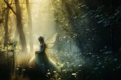Ethereal Fairy Standing in a Sunlit Enchanted Forest