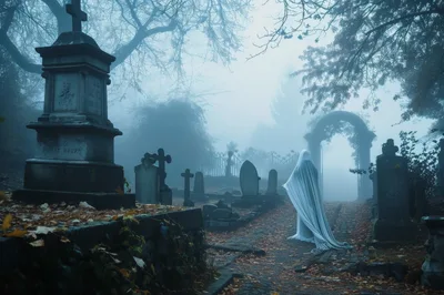 Ghostly Figure Walking Through A Foggy Cemetery