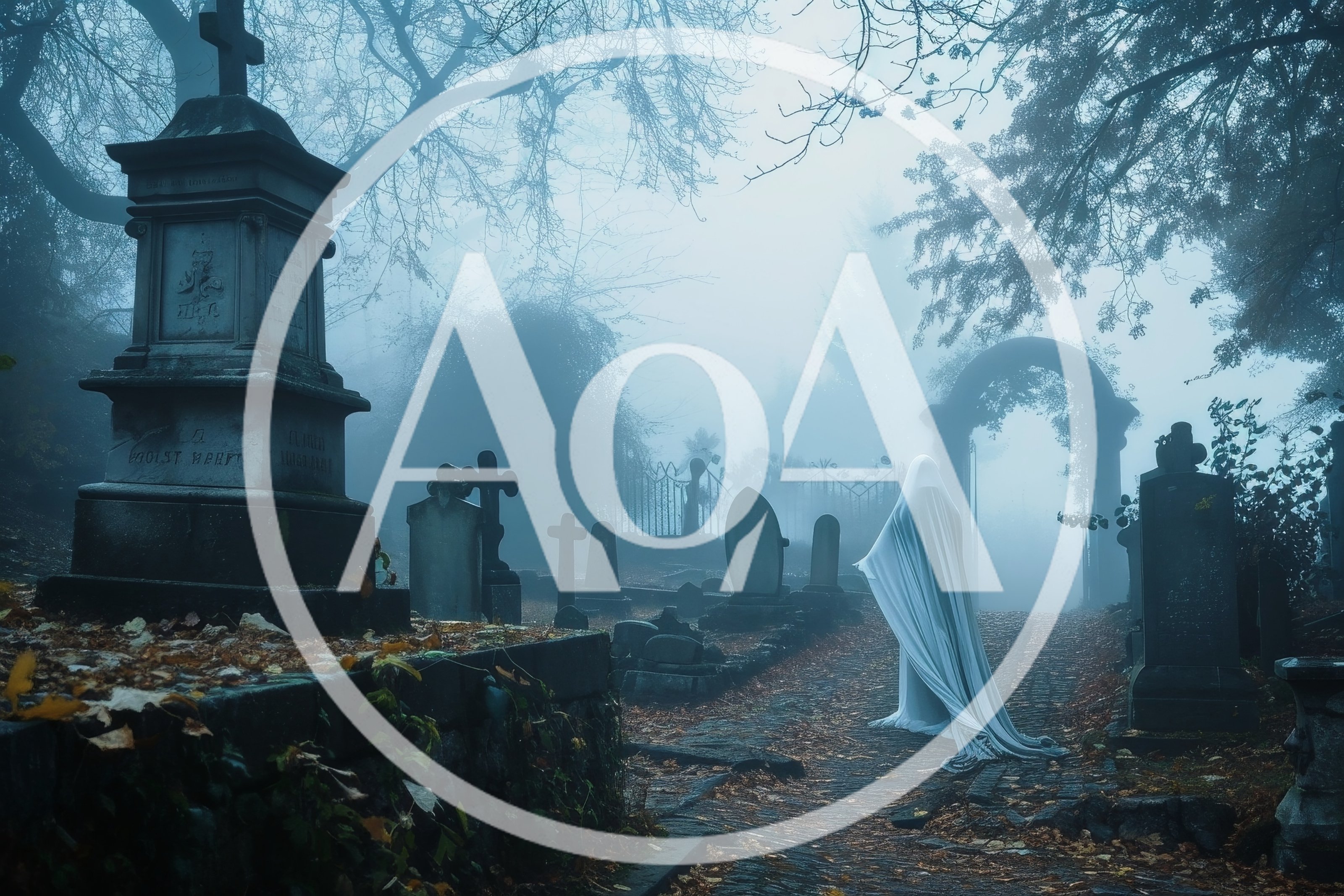 Ghostly Figure Walking Through A Foggy Cemetery