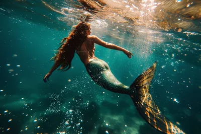 Mermaid Swimming Underwater In Clear Tropical Ocean