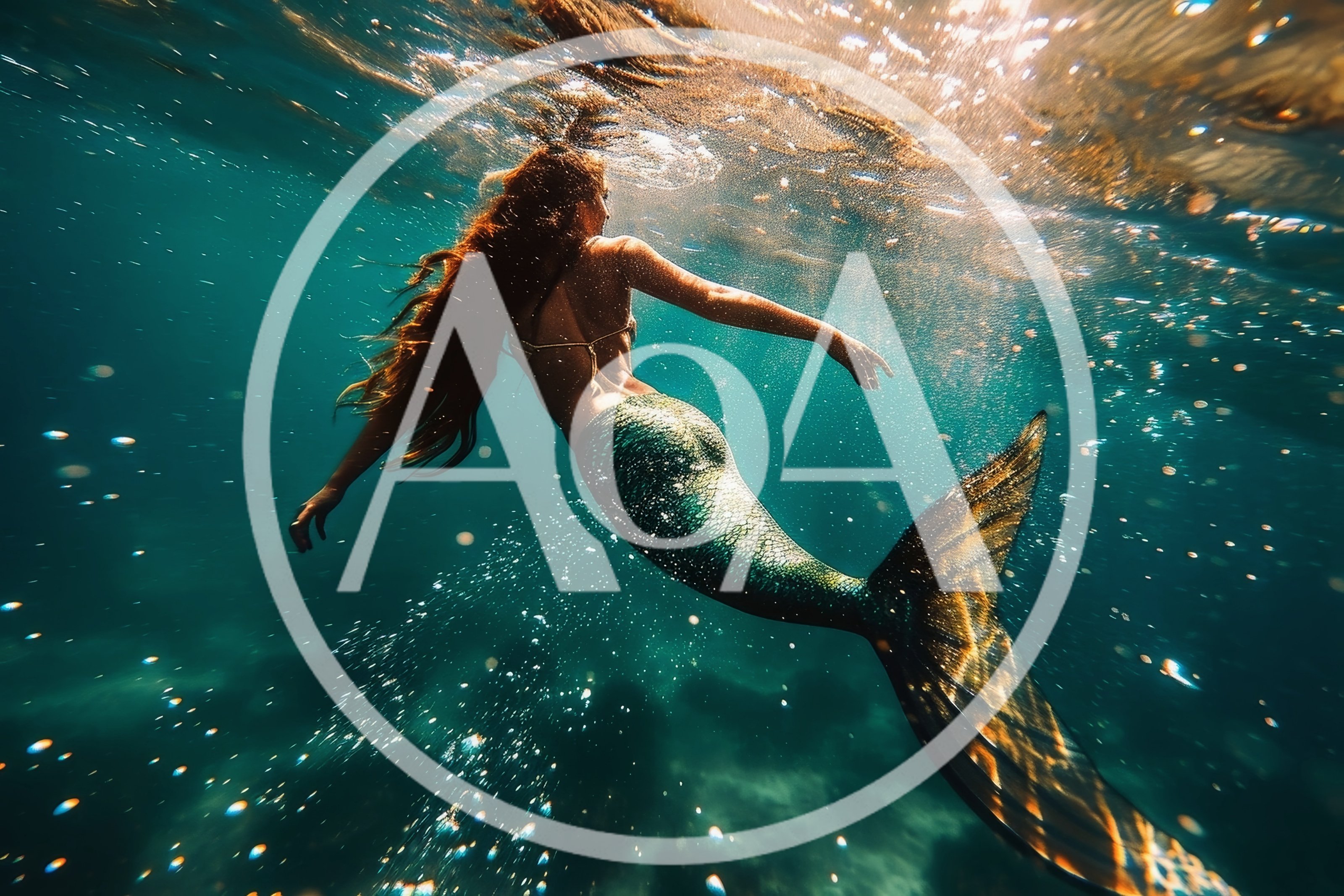 Mermaid Swimming Underwater In Clear Tropical Ocean