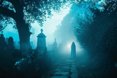 Ghostly Figure Walking Through A Foggy Victorian Cemetery