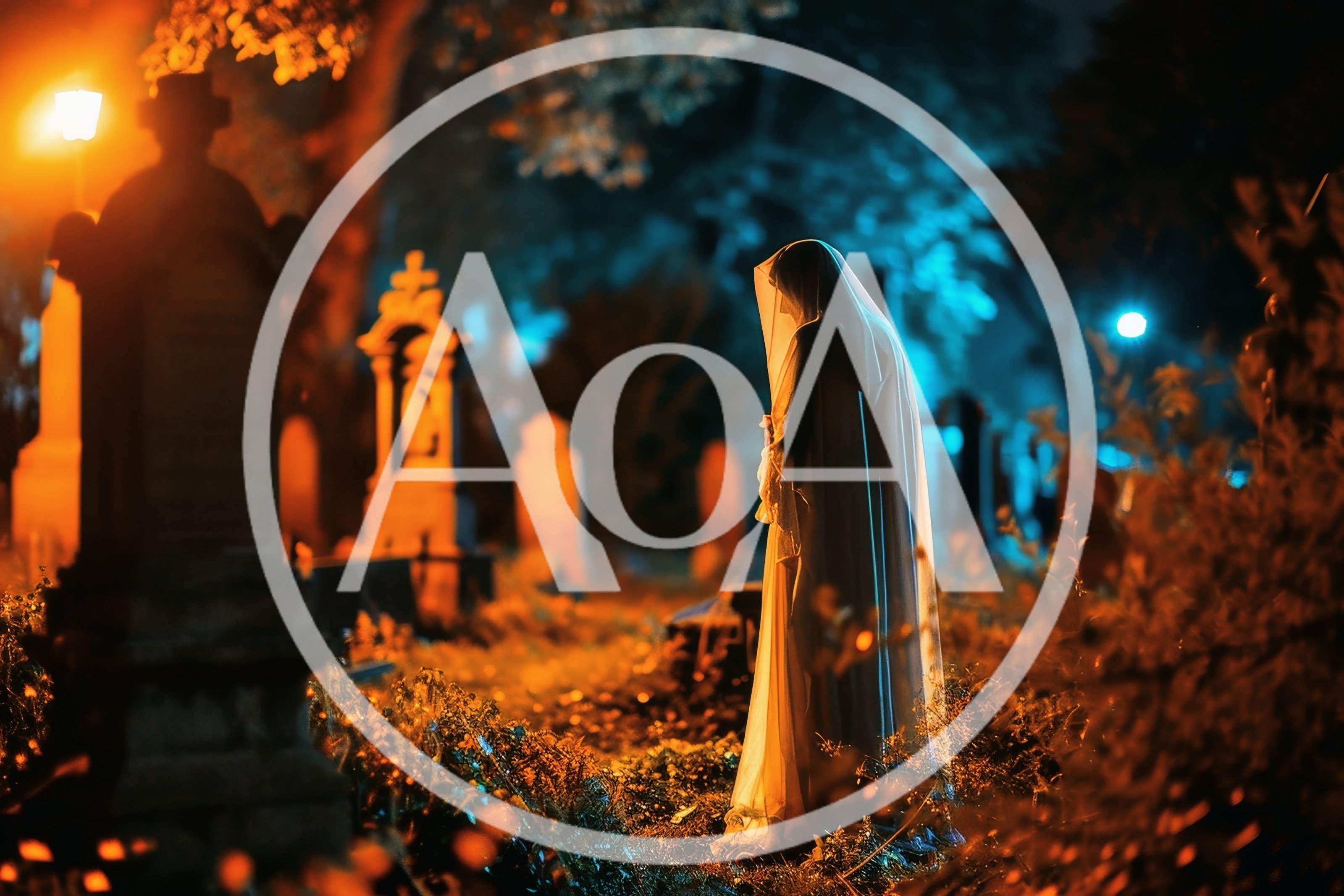 Ghostly Figure Standing In A Dark Cemetery At Night