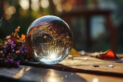 Crystal Ball Reflecting Sunset Over Wooden Table