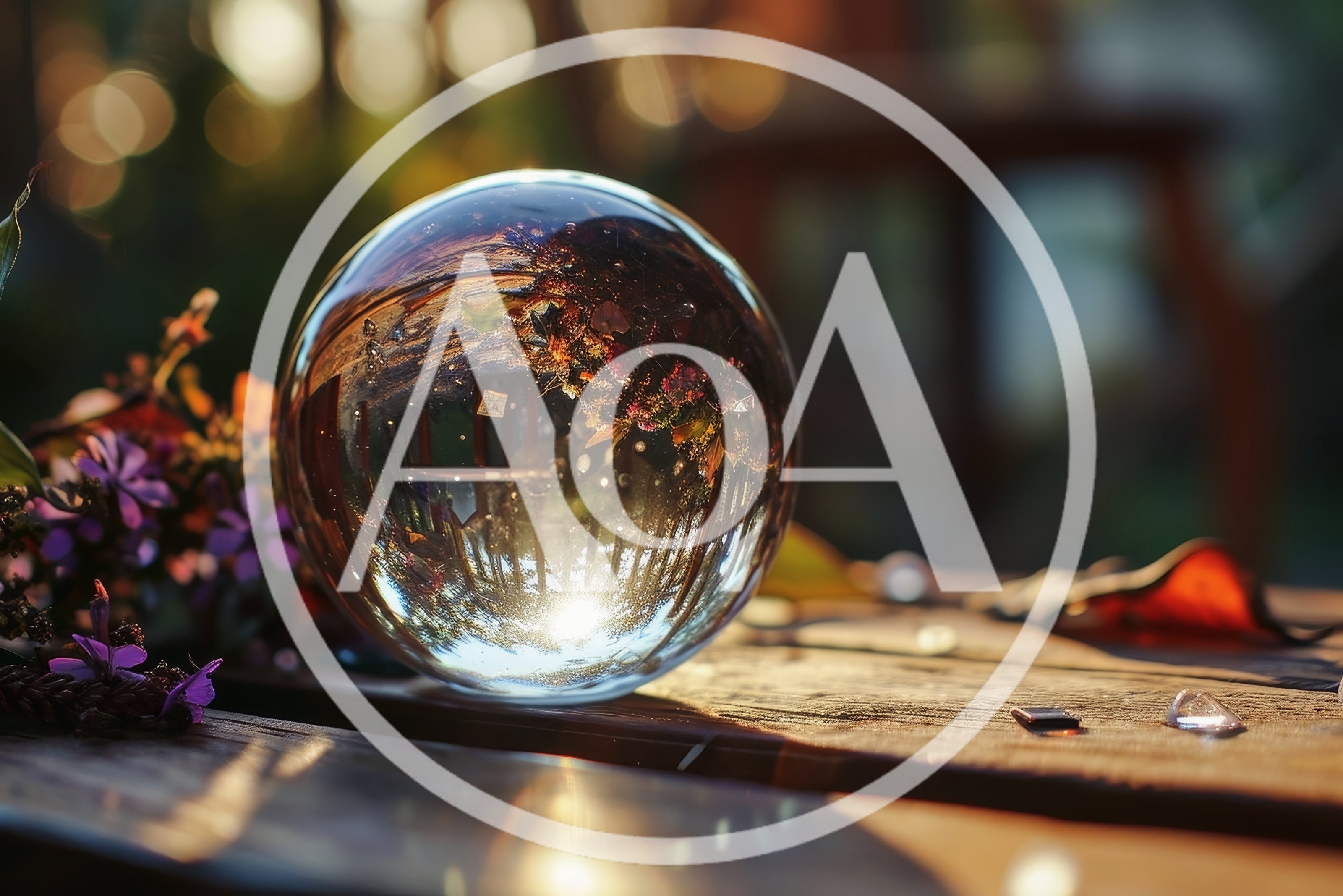 Crystal Ball Reflecting Sunset Over Wooden Table