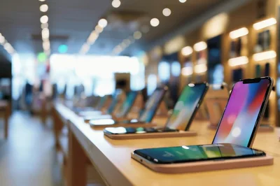 Smartphones Displayed On Wooden Tables In Retail Store
