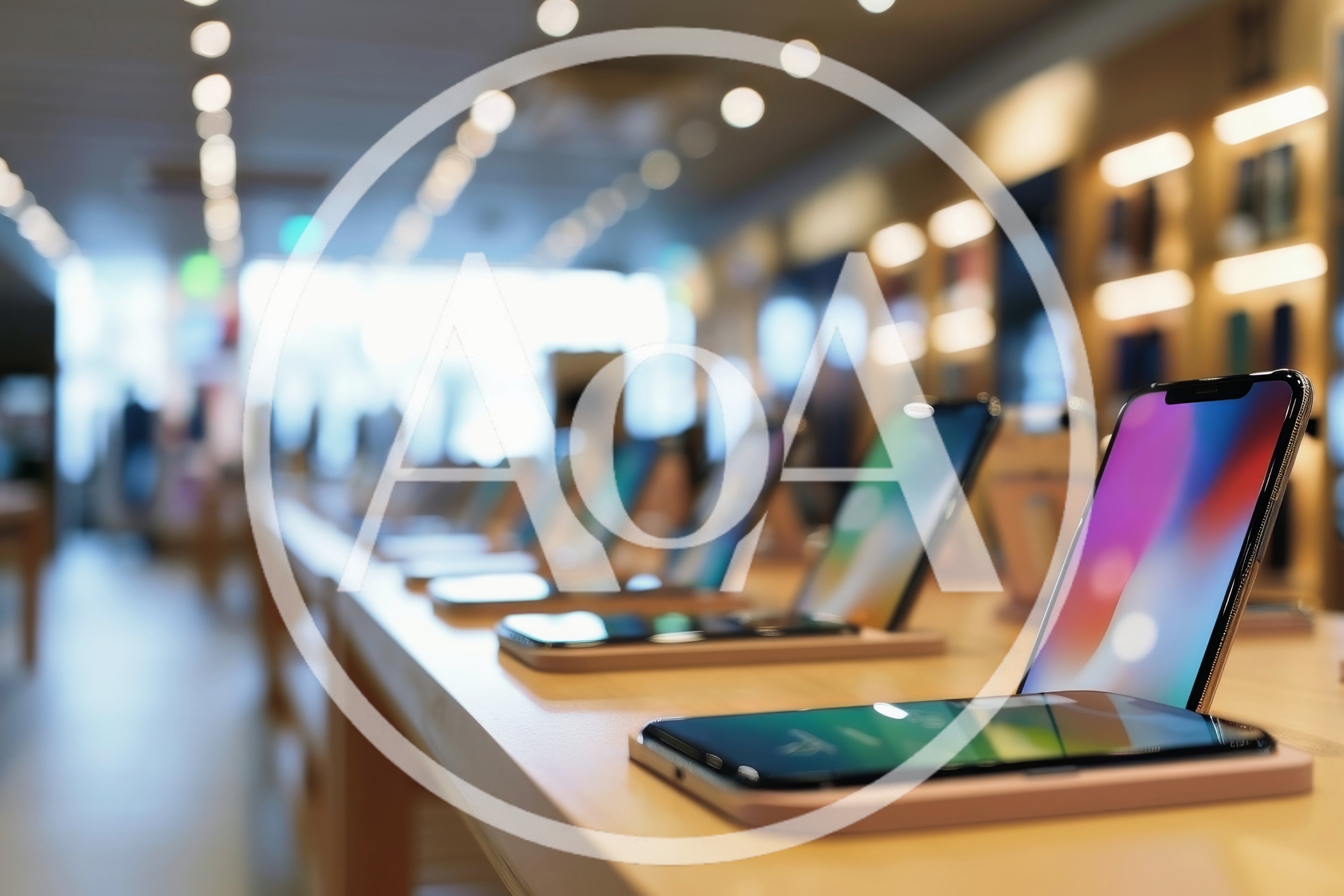 Smartphones Displayed On Wooden Tables In Retail Store