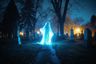 Glowing Spectral Figure Standing in a Dark Cemetery