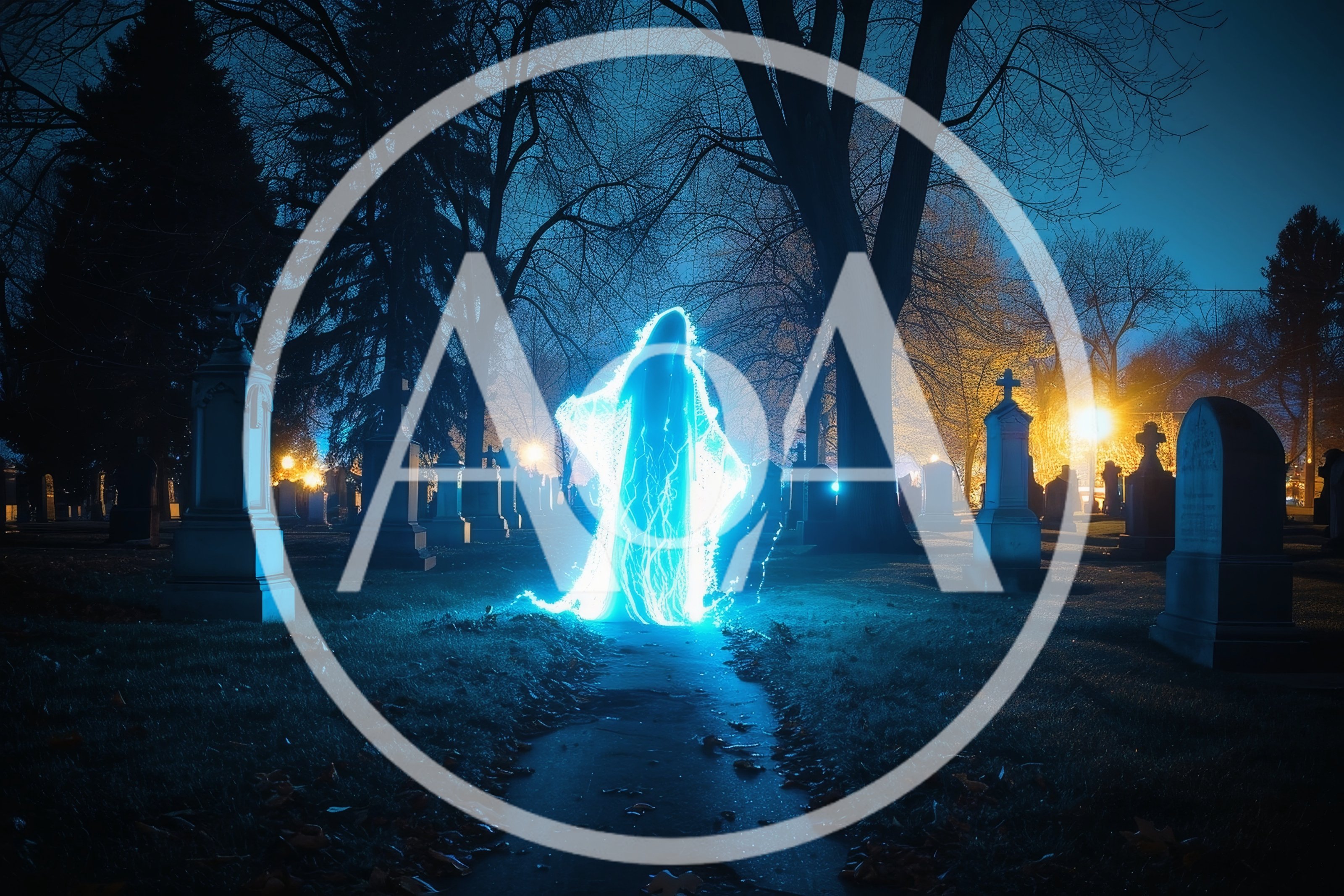 Glowing Spectral Figure Standing in a Dark Cemetery