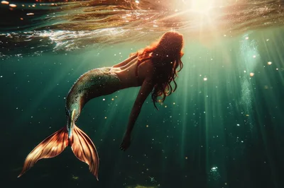 Red Haired Mermaid Swimming Underwater In Sunlit Ocean