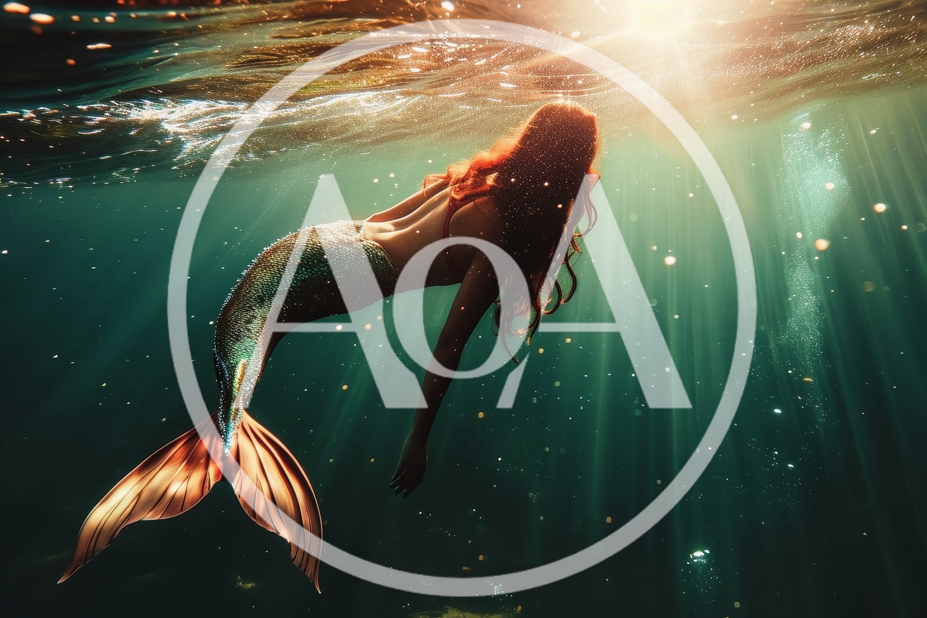 Red Haired Mermaid Swimming Underwater In Sunlit Ocean