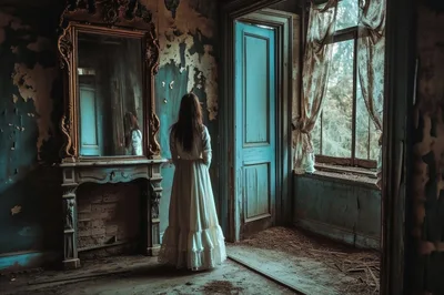Woman In White Dress Standing In Abandoned Room