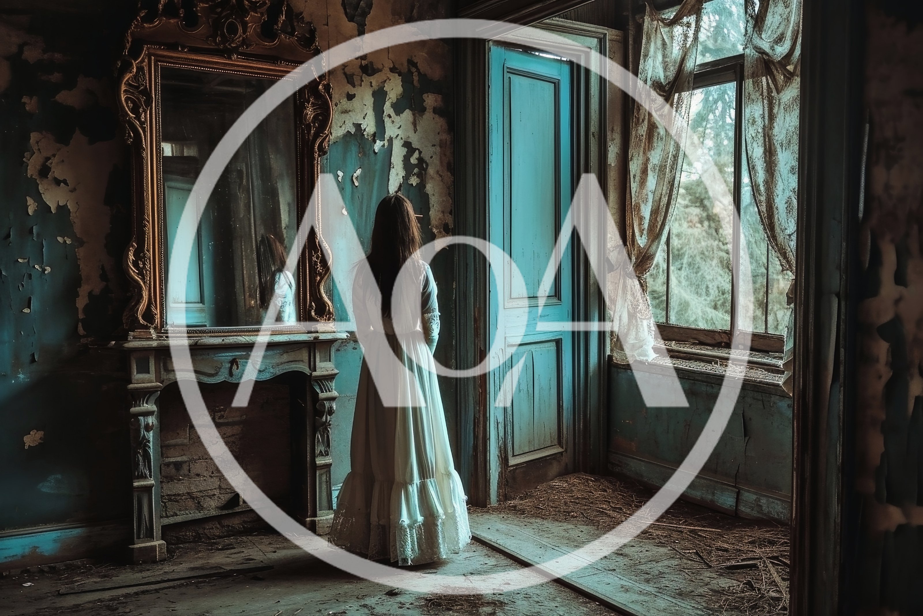Woman In White Dress Standing In Abandoned Room