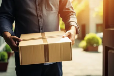 Delivery Person Holding A Cardboard Package At Doorstep